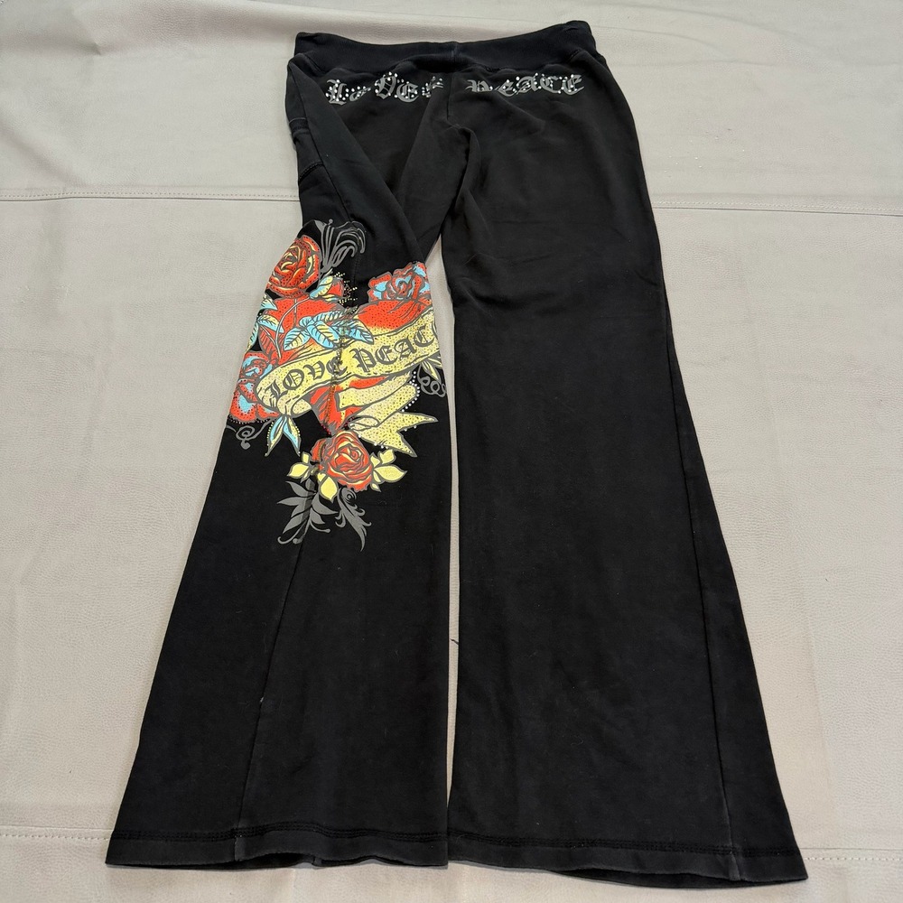 VTG Y2K Black Flare Baggy Sweatpants  Roses Tattoo Skate Cyber Mall Women-L-5873
